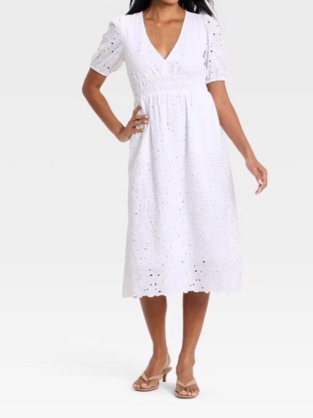 White Eyelet V‑Neck Midi Dress
